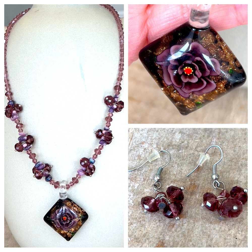 NEXKLACE AND EARRING SET purple and gold handmade glass and resin flowers
